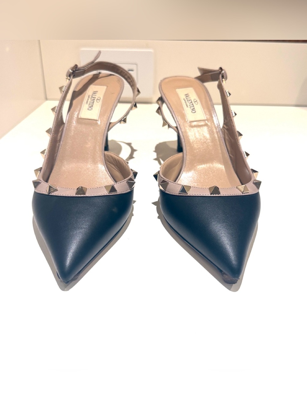 Valentino Black and Nude Rockstud Slingback Pumps